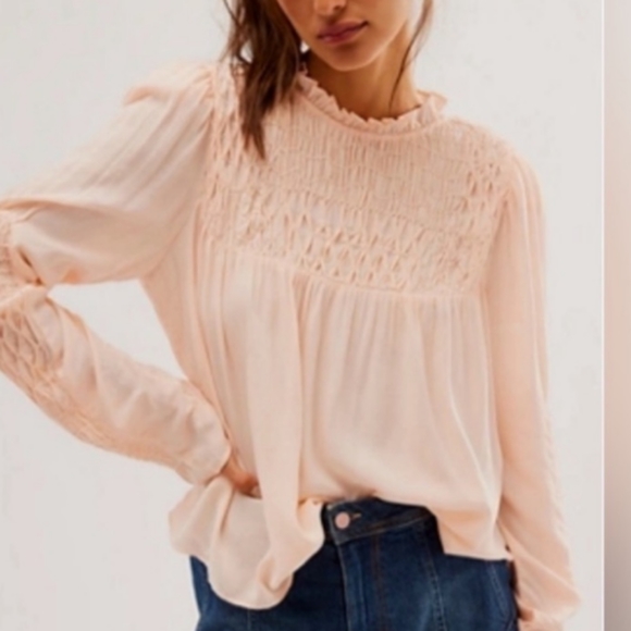 🫶🏻 Free People Smocked in Time High Neck Ruffled Button Back Blouse NWOT - Picture 2 of 9